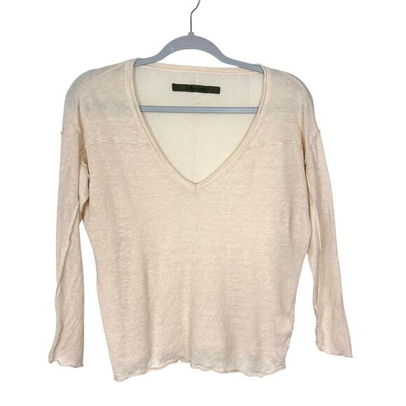 Enza Costa Linen Sweater Top Womens Small Cream Knit 3/4 Sleeve V-Neck Pullover - Picture 1 of 13